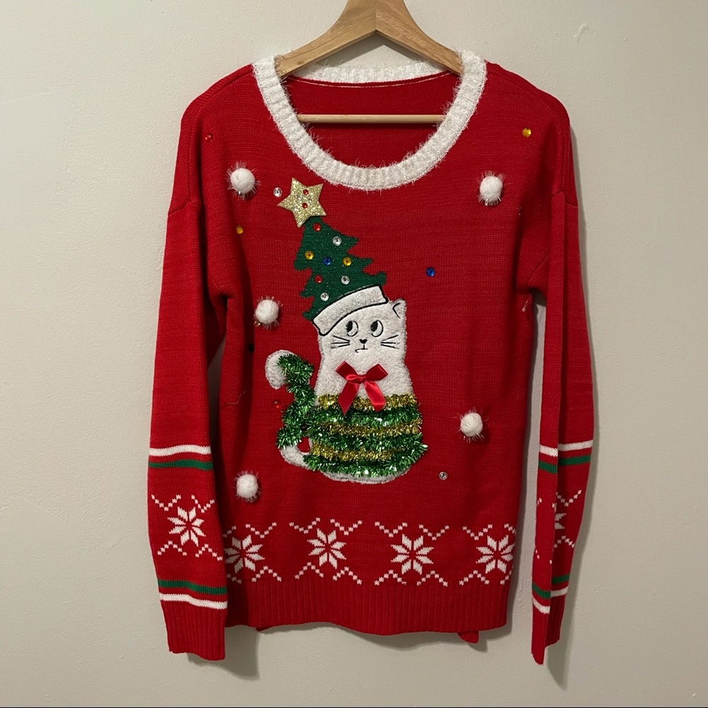 Ugly Christmas Sweater with Cat and Tree